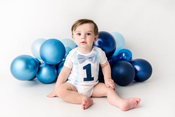 Baby Boy 1st Birthday Outfit in Navy Blue. Cake Smash Outfit. First Birthday Shirt for Boys. Personalized Name custom. Bow tie & suspender. Il_570xn