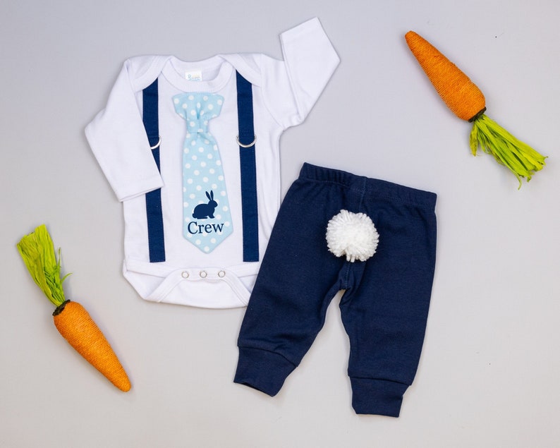 Personalized Easter bunny outfit for baby boy. Newborn boy, infant boy. Custom Name tie and suspenders bodysuit. Navy. Monogram. image 1