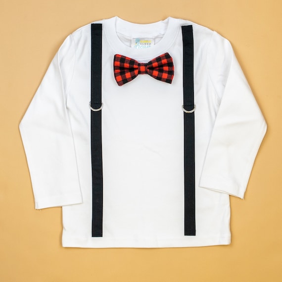 Toddler Boy Buffalo Plaid Bow Tie Shirt, Handmade Suspenders