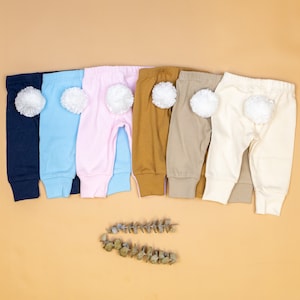 Easter Baby Pants w/ WHITE BUNNY TAIL. Handmade 100% Cotton Infant Pants with Detachable Tail. Tan Blue Mint Cream Pink. Baby Boy Baby Girl image 1