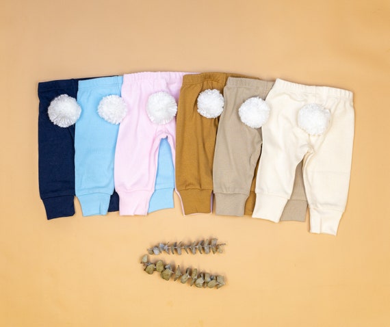 Easter Baby Pants W/ WHITE BUNNY TAIL. Handmade 100% Cotton Infant Pants  With Detachable Tail. Tan Blue Mint Cream Pink. Baby Boy Baby Girl 