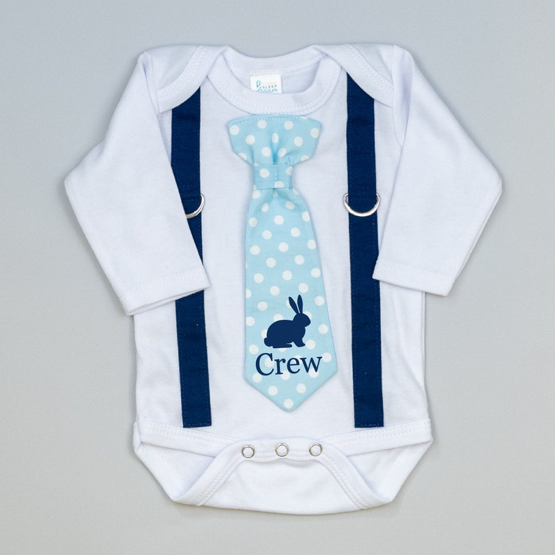 Personalized Easter bunny outfit for baby boy. Newborn boy, infant boy. Custom Name tie and suspenders bodysuit. Navy. Monogram. image 4