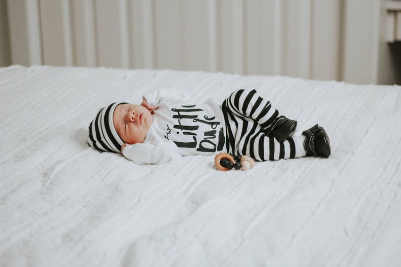 Black and White Stripe Coming Home Outfit, Baby Boy Leggings and Beanie Newborn Boy, Newborn Boy Hospital Outfit, New Little Dude, Brother image 7