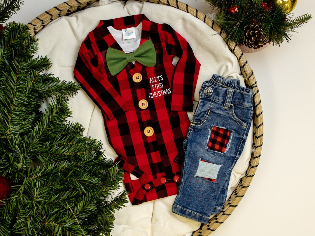 Baby Boy First Christmas Outfit Personalized. Buffalo Plaid Cardigan