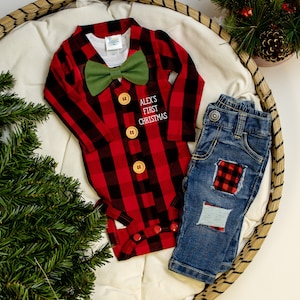 Baby Boy First Christmas Outfit Personalized. Buffalo Plaid Cardigan and Jeans. Newborn Boy.  1st First Christmas. Name.