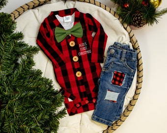 Baby Boy First Christmas Outfit Personalized. Buffalo Plaid Cardigan and Jeans. Newborn Boy.  1st First Christmas. Name.