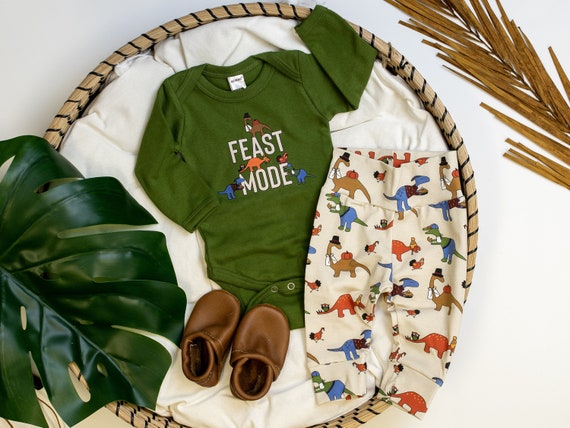 Baby Boy Thanksgiving Dinosaur Outfit. Feast Mode. 1st Thanksgiving Outfit. Olive Bodysuit. Bodysuit & leggings. Il_570xn