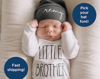 Roupa para o irmãozinho sair da maternidade, roupa de inverno personalizada para bebê menino, roupa infantil, gorro com nome, presente para chá de bebê, cinza