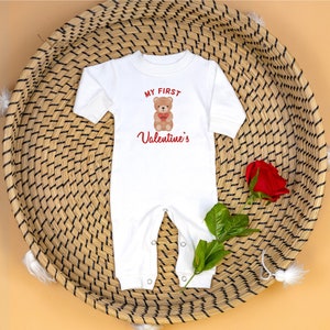 Baby 1st Valentine Romper. Teddy Bear. My 1st Valentine's Day Outfit with Hat. Personalized Newborn White Long Sleeve Romper. Boy or Girl image 4