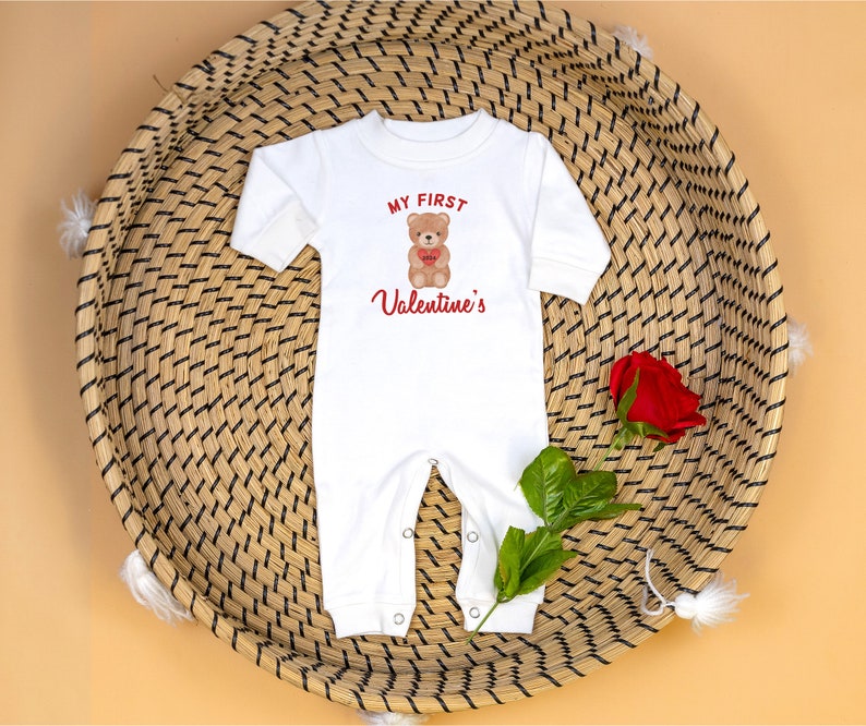 Baby 1st Valentine Romper. Teddy Bear. My 1st Valentine's Day Outfit with Hat. Personalized Newborn White Long Sleeve Romper. Boy or Girl image 4