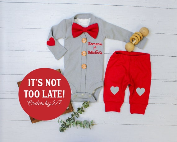 Baby Boy 1st Valentines Day Outfit. Gray Cardigan Set with Pants. Preppy. Bow tie. Heart Elbow Patches. Newborn Boy. Red Pants Il_570xn