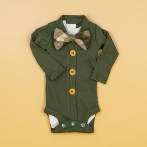 Baby Boy Fall Outfit. Choice of Cardigan Outfit. Burnt Orange. Forest Green. Deep Teal. Bowtie. Newborn Boy. Preppy. image 5