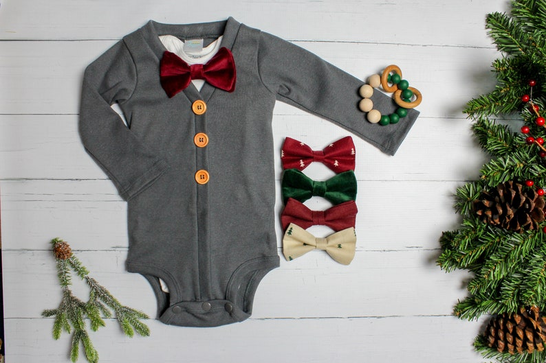 Bow tie Velvet Classic 1st Christmas Newborn Baby Boy Christmas Outfit Vintage Inspired Cardigan Set with Pants Dark Gray /& Burgundy