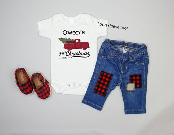 Baby Boy 1st Christmas Truck Outfit with Buffalo Plaid Jeans. Personalized Name. Truck and Name Shirt. Farm Truck Red . Newborn Infant Boy. Il_570xn