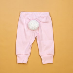 Easter Baby Pants w/ WHITE BUNNY TAIL. Handmade 100% Cotton Infant Pants with Detachable Tail. Tan Blue Mint Cream Pink. Baby Boy Baby Girl Pink pants