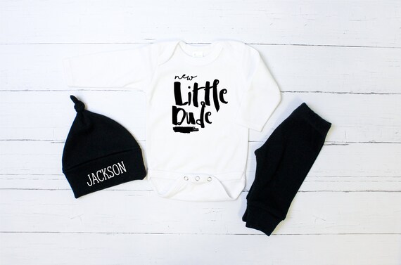 New Little Dude Coming Home Outfit Newborn Boy. Baby Boy Take Home Outfit Black Monochrome. Vintage. Personalized Name Hat. Spring Summer. Il_570xn