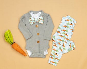 Baby Boy Easter Outfit. Light Gray Cardigan with Handmade Carrot Racer Leggings. 1st Easter Outfit. Bowtie. Newborn boy.