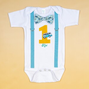 The Big One Cake Smash Outfit. Surfing Theme 1st Birthday. Board Shorts and Bowtie and Suspender Bodysuit. Personalized. Beach Van. Waves image 4