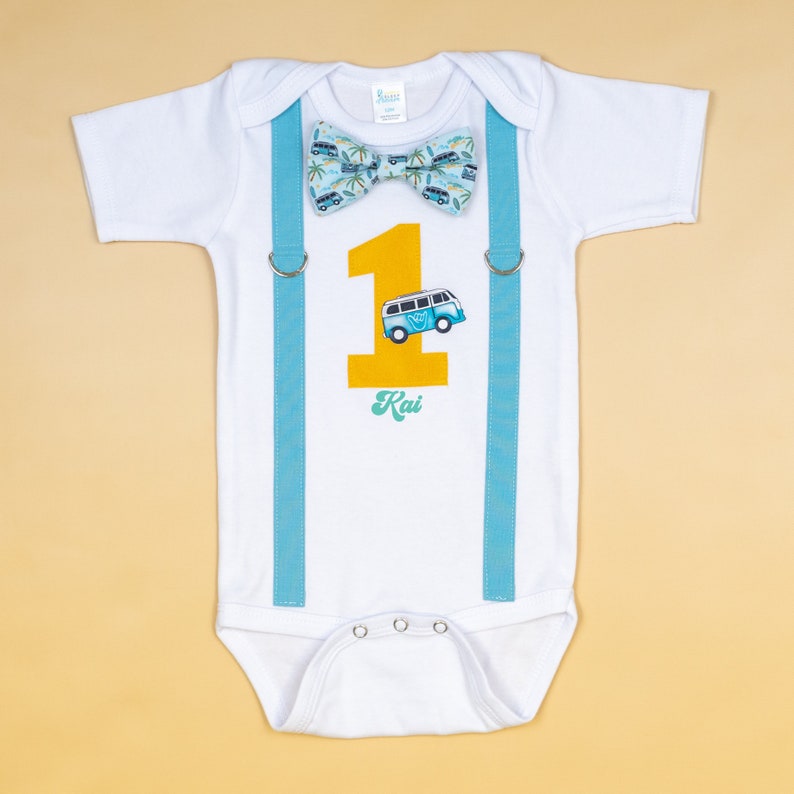 The Big One Cake Smash Outfit. Surfing Theme 1st Birthday. Board Shorts and Bowtie and Suspender Bodysuit. Personalized. Beach Van. Waves image 4