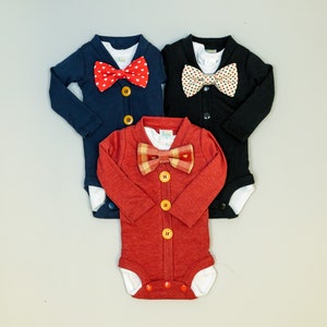 Baby Valentine Bowtie. Baby Boy Valentine Outfit. Dapper Gentleman. Cardigan Bodysuit. Red Navy or Black. Picture Outfit. Newborn Boy.