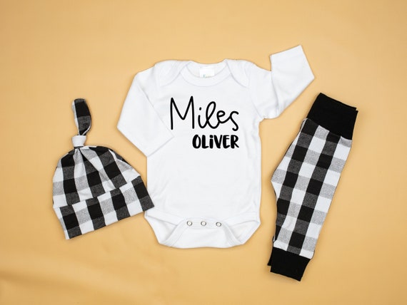 Baby Boy Coming Home Outfit Personalized First Middle Name, Winter, Newborn Boy, Buffalo Plaid, Monochrome Il_570xn