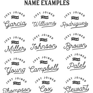 Puede incluir: Una plantilla de dise&ntilde;o gr&aacute;fico con el texto "Just Joined Team" en un c&iacute;rculo con una pancarta en su interior. El texto est&aacute; en una fuente de estilo vintage. Los nombres Garcia, Williams, Rodriguez, Miller, Johnson, Brown, Young, Campbell, Patel, Thompson, Cox y Stewart se muestran en un c&iacute;rculo con el texto "Just Joined Team" sobre cada nombre.