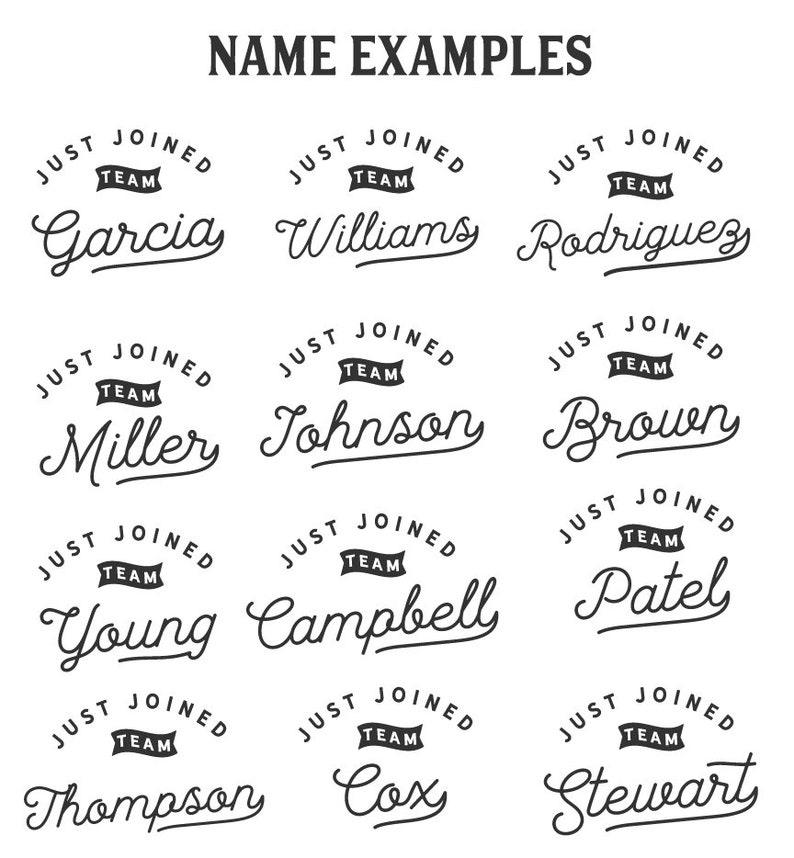 Puede incluir: Una plantilla de dise&ntilde;o gr&aacute;fico con el texto "Just Joined Team" en un c&iacute;rculo con una pancarta en su interior. El texto est&aacute; en una fuente de estilo vintage. Los nombres Garcia, Williams, Rodriguez, Miller, Johnson, Brown, Young, Campbell, Patel, Thompson, Cox y Stewart se muestran en un c&iacute;rculo con el texto "Just Joined Team" sobre cada nombre.