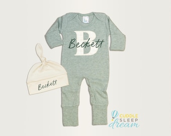 Personalized Newborn Boy Coming Home Outfit, Sage Romper with Green Monogram Name, Take home, Going Home Personalized, Baby Boy, Cream Hat