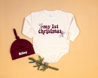 Baby's First Christmas Sweater Romper Oversized. Newborn boy, baby girl. Gender neutral bodysuit. Burgundy hat with name. Simple Retro