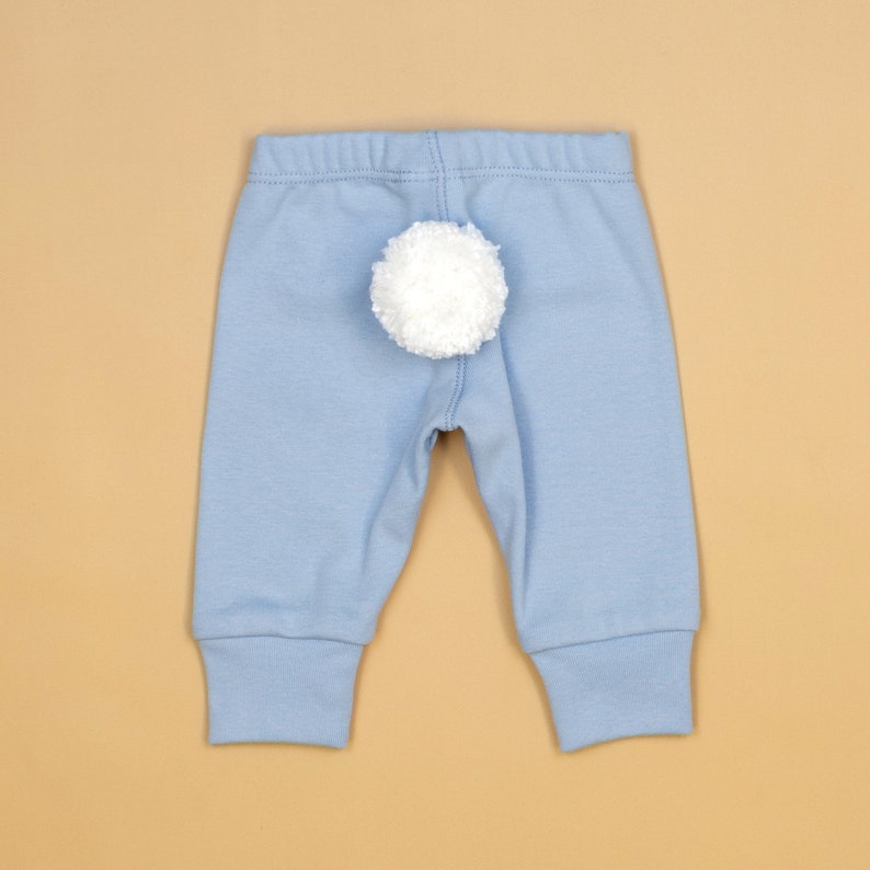 Easter Baby Pants w/ WHITE BUNNY TAIL. Handmade 100% Cotton Infant Pants with Detachable Tail. Tan Blue Mint Cream Pink. Baby Boy Baby Girl Cloud Blue Pants