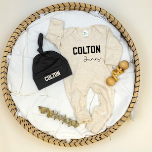 Neutral Baby Boy Coming Home Outfit, Tan Oatmeal Romper with Black First and Middle Name, Take home, Going Home Personalized, Newborn, Name