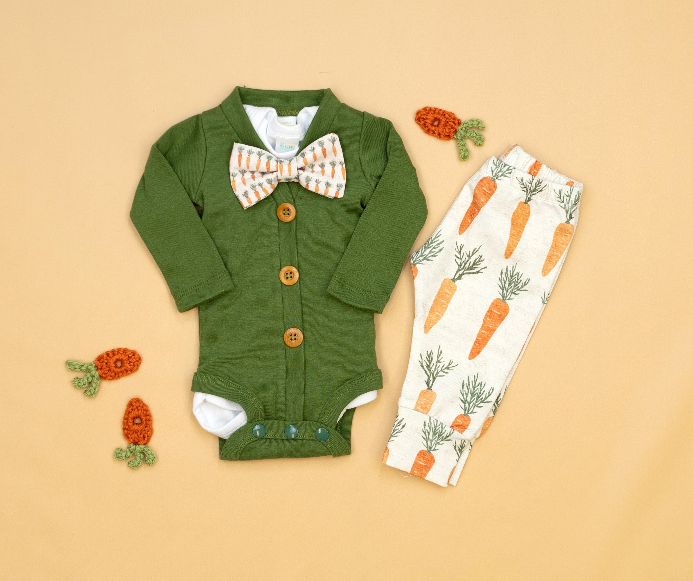 Easter Outfit for Baby Boy. Carrot Bow tie. Baby Carrot Pants. Dapper Gentleman Dress Outfit for Newborn Boy. Olive Green Baby Cardigan.