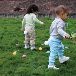 Easter Baby Pants w/ WHITE BUNNY TAIL. Handmade 100% Cotton Infant Pants with Detachable Tail. Tan Blue Mint Cream Pink. Baby Boy Baby Girl image 3