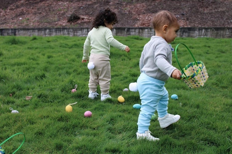 Easter Baby Pants w/ WHITE BUNNY TAIL. Handmade 100% Cotton Infant Pants with Detachable Tail. Tan Blue Mint Cream Pink. Baby Boy Baby Girl image 3