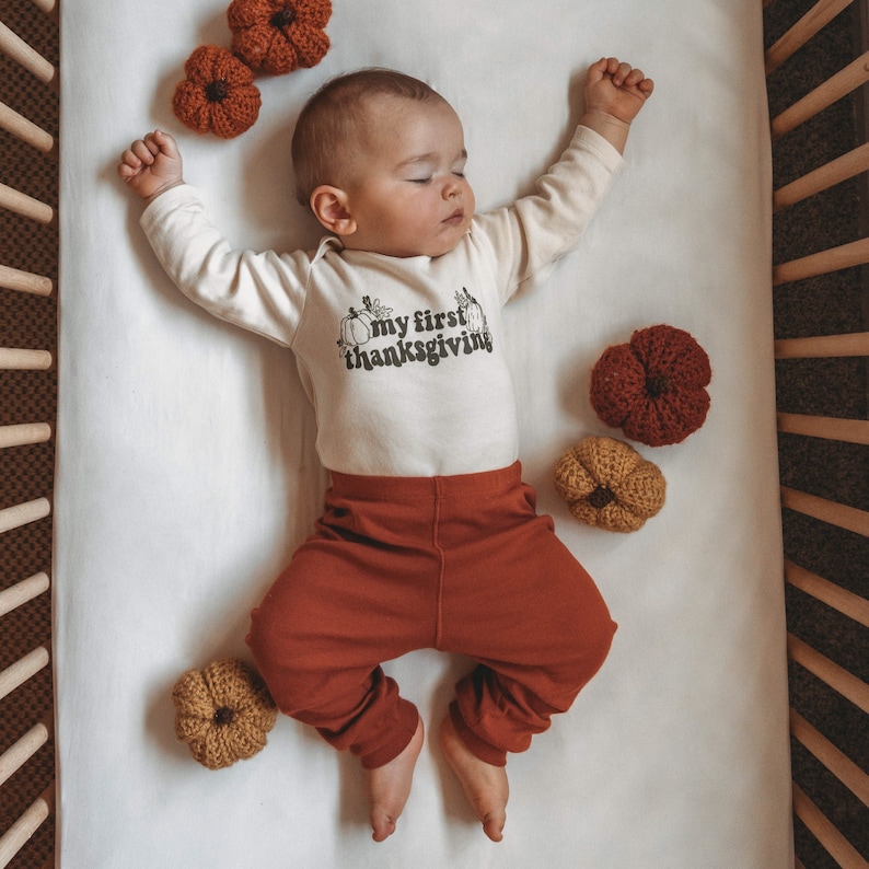 Baby 1st thanksgiving Outfit. Newborn boy, infant girl. Gender neutral bodysuit. Burnt Orange pants. Personalized hat. Simple Retro Style image 1