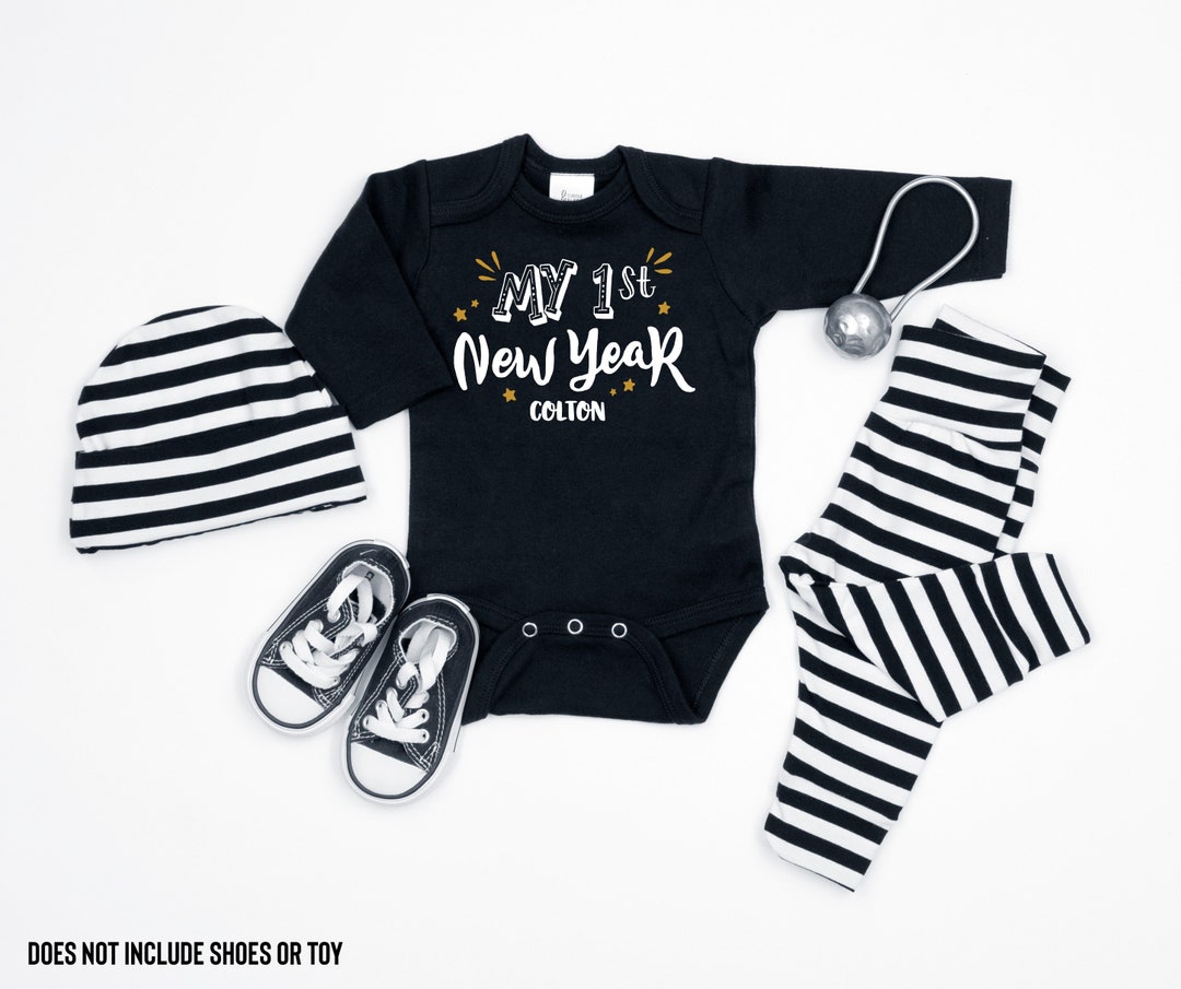 Personalized Baby Boy 1st New Year Outfit. New Years Eve Clothes. 2024 First New Year. Black and