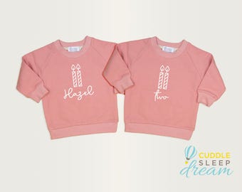 Personalized Girls 2nd Birthday Sweatshirt with Name and Candle. Second Birthday. Candle Shirt. Girl Birthday Top. Pink. Two