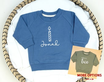 Personalized Birthday Sweatshirt with Name and Candle. 1st, 2nd, 3rd Birthdays. Candle Shirt. Boys Birthday Top. Slate Blue Olive Green.