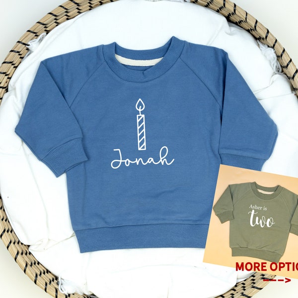Personalized Birthday Sweatshirt with Name and Candle. 1st, 2nd, 3rd Birthdays. Candle Shirt. Boys Birthday Top. Slate Blue Olive Green.