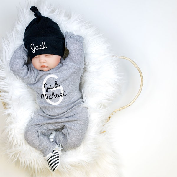 Newborn Boy Coming Home Outfit. Black Gray. Baby Boy Romper. First Middle Name, Take home outfit, Going Home Personalized, Newborn