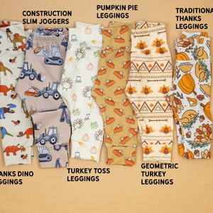 Baby Thanksgiving Pants. Leggings & Joggers. Fall Baby Boy pants, baby girl leggings, gender neutral. turkey, dinosaur, pumpkin pie image 2
