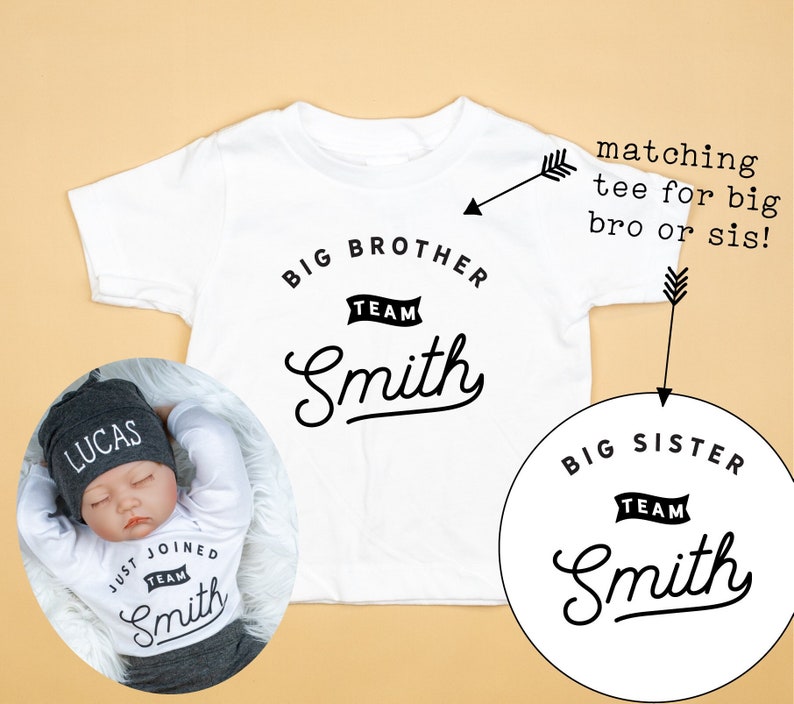 Big Brother or Big Sister shirt. Matches Just Joined Team newborn design. Tshirt, Graphic Tee. Baby Announcement. Last Name. image 1