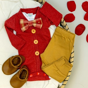 Baby Valentine Bowtie. Baby Boy Valentine Outfit. Red Heart Bow Tie.  Dapper Gentleman. Cardigan Bodysuit. Heathered Red. Picture Outfit.