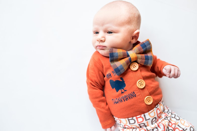 Thanksgiving Clothes. Newborn Boy First Thanksgiving Outfit for Baby Boy Baby Cardigan Bodysuit with Bowtie