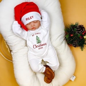 Baby 1st Christmas Romper. My 1st Christmas Outfit with Santa Hat. Personalized Newborn White Long Sleeve Romper. Baby Boy or Baby Girl