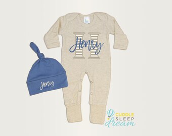 Personalized Baby Boy Coming Home Outfit, Oatmeal Romper with Denim Blue Hat, Take home, Going Home, Newborn, Name, Beige