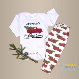 Baby Boy Christmas Outfit. 1st Christmas Personalized. Year 2024 Buffalo Plaid Truck and Name Shirt. Farm Truck. Newborn Infant Boy.