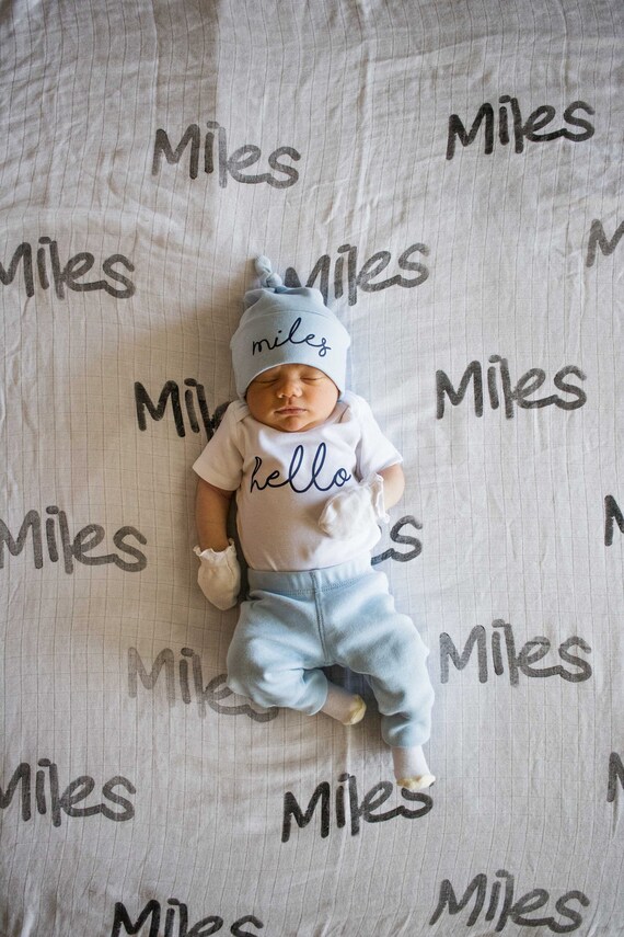 Hello Baby Outfit, Personalized Baby Boy Outfit, Custom Baby Gift, Personalized Hat, Newborn Boy Take Home Outfit, Personalized Baby Gifts Il_570xn
