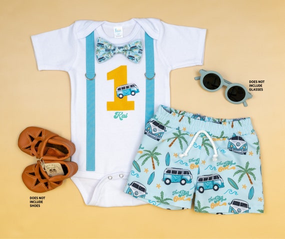 The Big One Cake Smash Outfit. Surfing Theme 1st Birthday. Board Shorts and Bowtie and Suspender Bodysuit. Personalized. Beach Van. Waves
