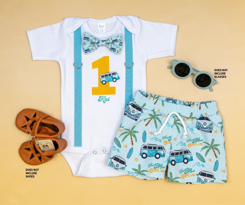 The Big One Cake Smash Outfit. Surfing Theme 1st Birthday. Board Shorts and Bowtie and Suspender Bodysuit. Personalized. Beach Van. Waves image 1